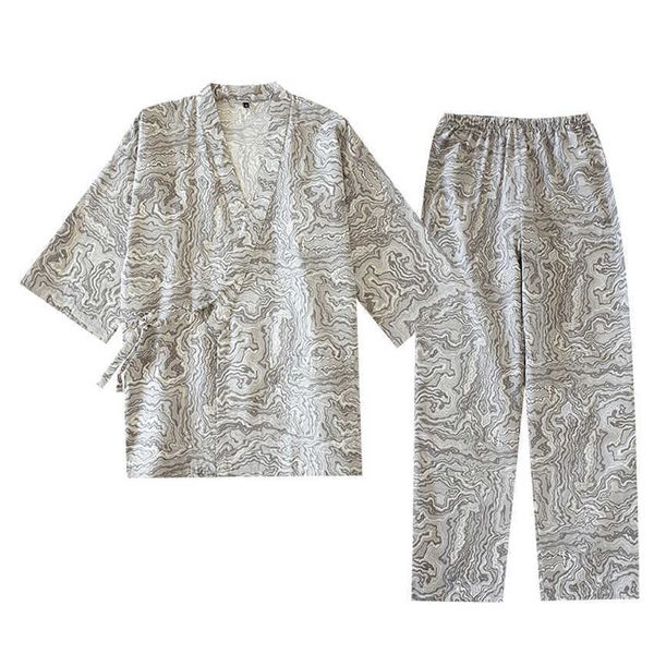 Мужская одежда для сна 2022 Самурайские мужские традиционные пижамные комплекты Kiimoono с принтом «хлопковая волна» и V-образным вырезом Свободные пижамы в японском стиле Pijama Haori Брюки T221103