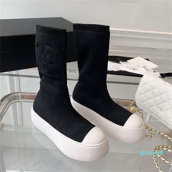 Sock Boots feminino estriado estriado impressão all-in-one de pernas finas no tornozelo branco preto