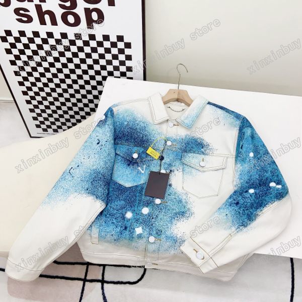 xinxinbuy Masculino designer Casaco Jaqueta Denim estrelado céu gradiente impressão de tinta algodão manga longa feminina cinza Preto azul M-2XL
