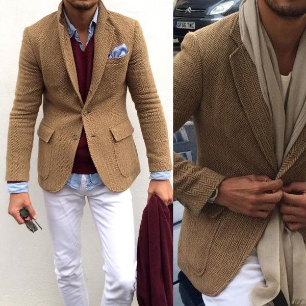 Ternos masculinos Blazers Tailormadeada Elegante Tweed Brown Tweed's Men's Jacket Winter Herringbone Blazer Hombre masculino Slim Fit Costume Homme Masculino Custom Made 221119