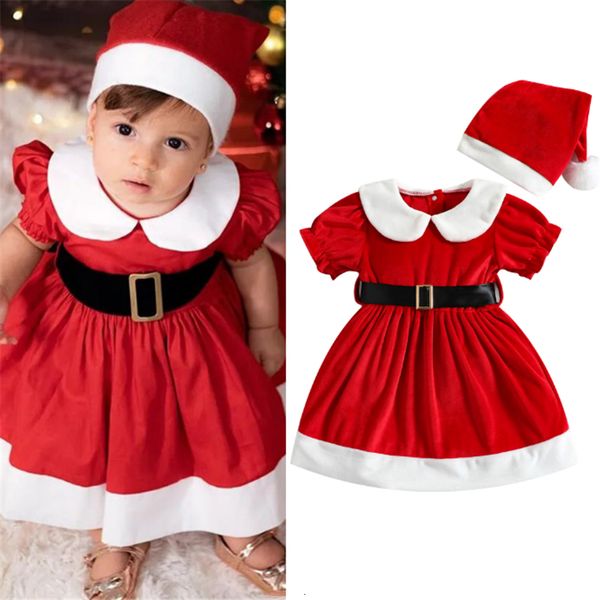 Mädchenkleider Kleinkind Baby Mädchen Weihnachten A-Linie Rot Kurzarm Puppenkragen Prinzessin mit Gürtel Hut Weihnachtsoutfit 221118