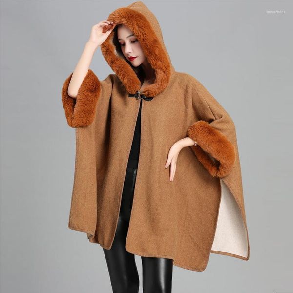 Pelliccia da donna Tendenze moda Cappotto in finto Rex Mantello con cappuccio in misto lana Cardigan Mantello Donna Autunno Inverno Soprabito Poncho Avvolge