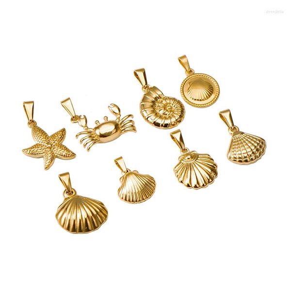 Anh￤nger Halsketten 5pcs/Los 316L Edelstahl Gold plattiert Seesternschalle Jakobsmuschel Krabbenschale Charme f￼r Halskette Schmuck DIY MACHEN RETRO