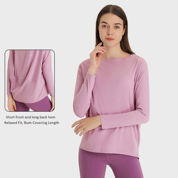 Back in Action Long Sleeve Yoga Shirt - Relaxed Fit pink sweatshirt women for Casual Wear (L