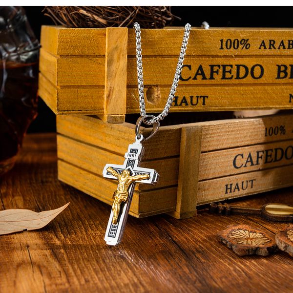 Halskette mit Jesus-Kreuz-Anhänger, goldfarben/schwarz, vergoldeter Edelstahl, modischer religiöser Schmuck für Damen und Herren