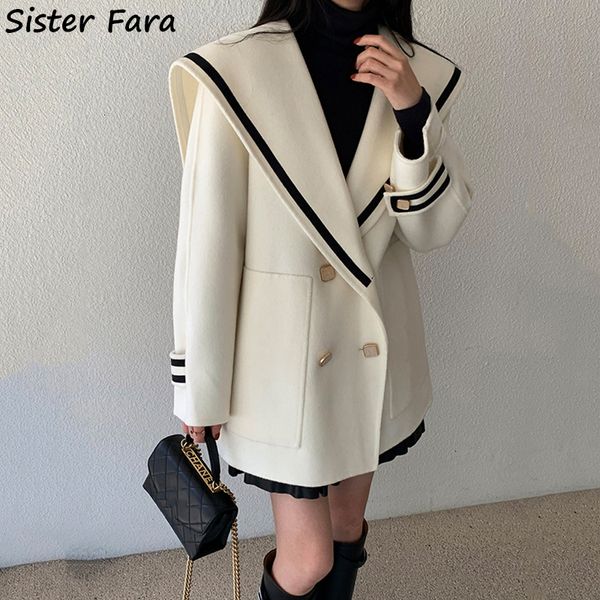 Ternos femininos Blazers Irmã Fara Autumn Sailor Collar Blazer Jaqueta de manga comprida Mulheres de peito duplo de inverno engrossar casaco quente solto 221119