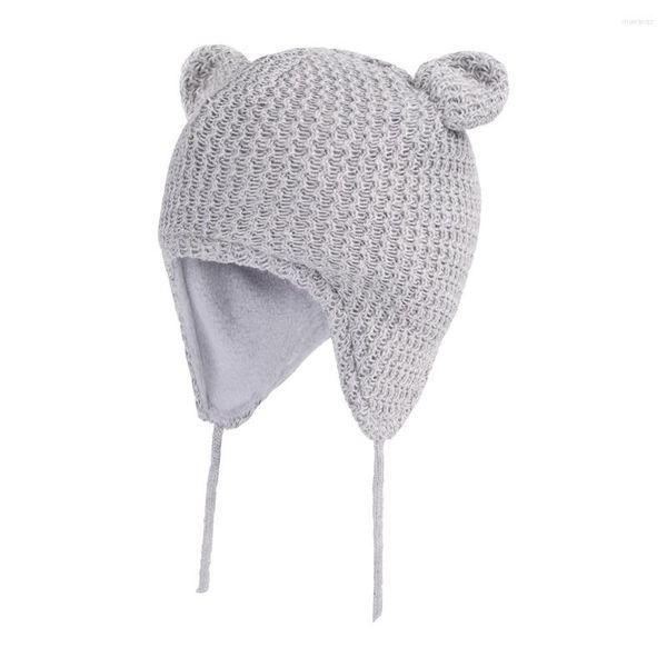 Beralar Bebek Kış Sıcak Kulak Şapkası Erkekler İçin Kızlar Bebek Toddler Düz Renk Örgü Sevimli Kulaklar Polar astarlı çene kayışları kafatası Beanie Cap