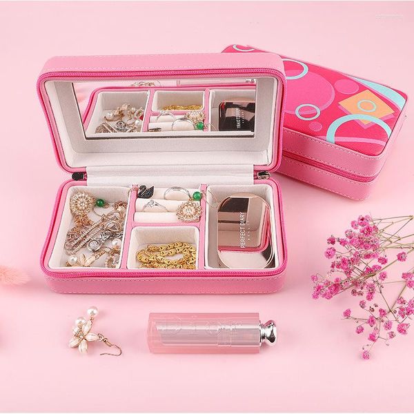 Bolsas de jóias Trendência Pink PU Couather Storage Box Travel Brios portáteis Colar de colar batom para mulheres e meninas presentes