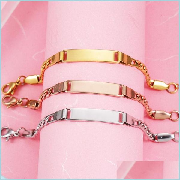 Andere Armbänder Personalisieren Gravieren Baby Namen Armband Edelstahl Goldkette Glatter Armreif Einstellbar Kind ID Saft Schmuck Dro Dh5If