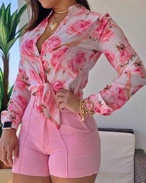 Женские брюки из двух частей, женские комплекты с длинным рукавом и цветочным принтом, завязкой на узле, блузка и шорты, повседневные весенние рубашки женские T221012