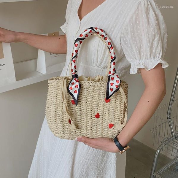 Borse da sera Borsa a tracolla intrecciata da donna Carta paglia Tessuto Tote Sciarpa di seta Decorazione Borse Moda femminile Casual Spiaggia estiva