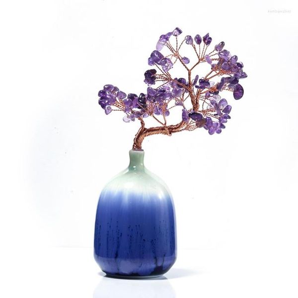 Colares de pingentes Árvore de dinheiro de cristal de Amethyst Feng Shui Bonsai Natural Stone Ornament com vaso de cerâmica para decoração de casa