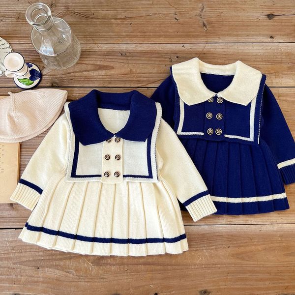 Abiti da ragazza Navy StyleToddler Baby Girls Princess Dress maniche lunghe in maglia Autunno Primavera Kids Party Abbigliamento per bambini 221118