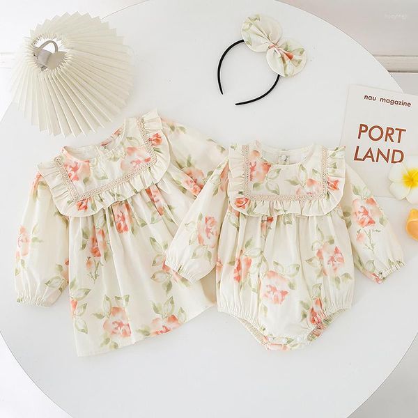 Abiti da ragazza Abito da sorella Abito a maniche lunghe in cotone Stampa floreale Bambini Festa Principessa Pagliaccetti Abbigliamento primavera autunno