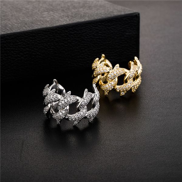 18 Karat vergoldet mit seitlichen Steinen, offene Größe, Fingerring, Thorn Cuban Link, Diamantringe, Hip-Hop-Schmuck, Geschenk