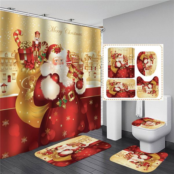 Duş Perdeleri Kırmızı Noel Baba 3d Baskılı Noel Perde Tuvalet Kapağı Banyo Mat Halı Banyo Aksesuarları Setleri Polyester kumaş 221118