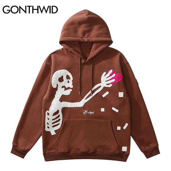 Erkek Hoodies Sweatshirts Gonthwid hip hop sokak kıyafetleri kapşonlu sweatshirt iskelet yaması Polar kapüşonlu erkek harajuku kış pamuk kazak kahverengi 221119