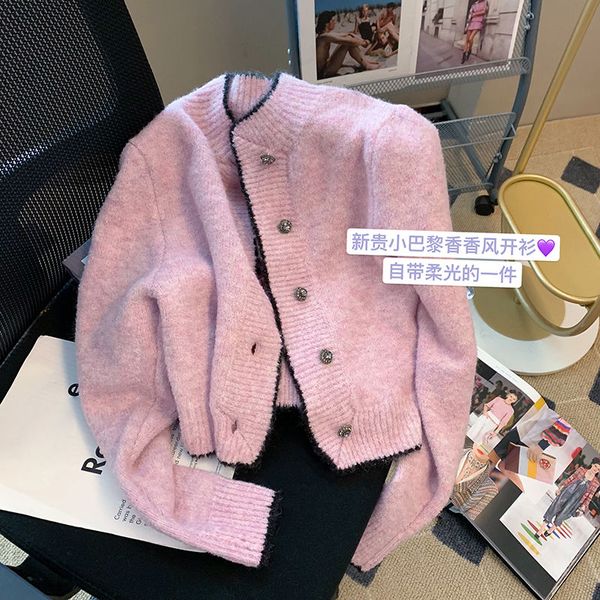 Women Cardigan Pink O-Gobes Sweater Spring Autumn Novos garotas bonitinhas tops doces malha coreana chique de peito curto de peito curto 2023