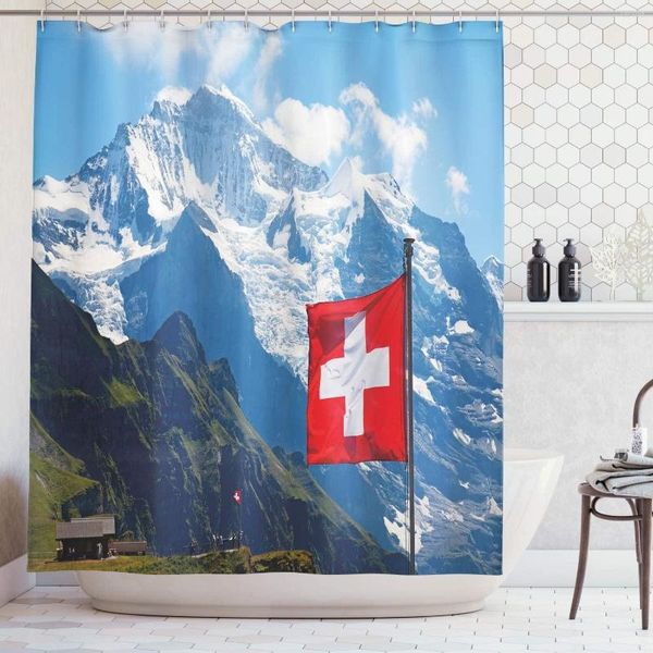 Cortinas de chuveiro cortina da Suíça Mannlichen Jungfrau Region Mountains com neve e banheiro nacional de tecido decoração de banheiro ganchos