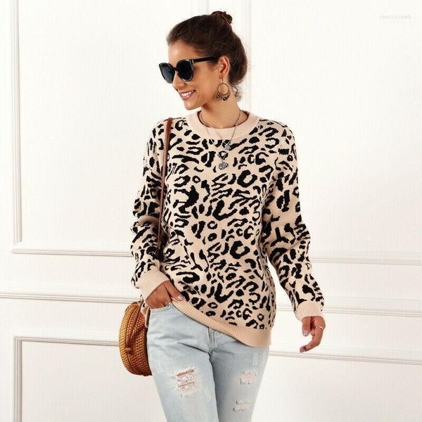 Женские свитеры женский леопардовый принт зимний вязаный свитер Женщины с длинным рукавом с длинным рукавом.