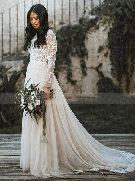 Abiti da sposa Boho Beach in tulle a trapezio con collo alto, illusione modesta, maniche lunghe, romantiche applicazioni floreali, abiti da sposa