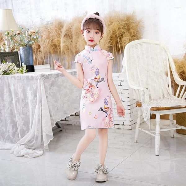 Abbigliamento etnico Cheongsam Vestiti per bambini Estate Stile cinese Abiti lunghi Qipao Moda Stampa floreale Gonne Festa formale