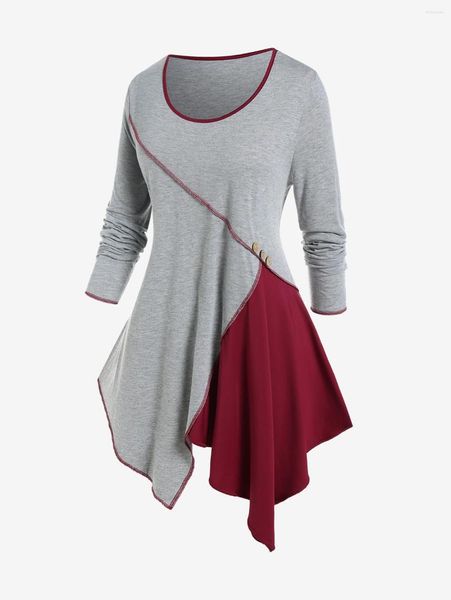 T-shirt da donna ROSEGAL Piping a contrasto Colorblock T-shirt asimmetriche Taglie forti da donna Top a maniche lunghe Girocollo Bicolore Autunno