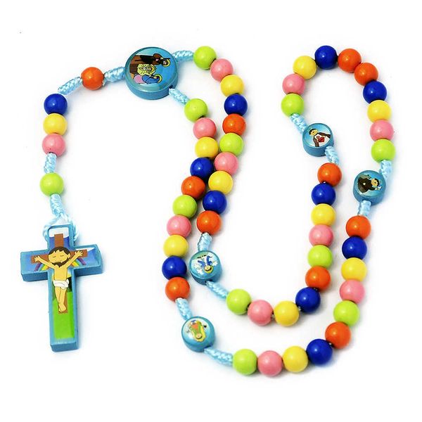Handgefertigter Schmuck Großhandel farbenfrohe runde Perlen Cartoon Kinderkreuz Rosenkranz Halskette Juwely Jesus Christus Religiöse Schmuck