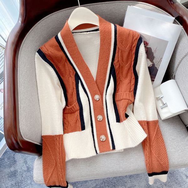 Cardigan corto Maglione da donna Moda vintage con scollo a V Patchwork Chic Vestiti lavorati a maglia Cappotto casual autunno inverno caldo 2023