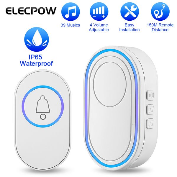 Campainha de campainha elecpow scortbell sem fio inteligente ip65 kit de chime de sino de porta de porta inteligente à prova d'água 39 Music LED Flash Security Alarm 221119