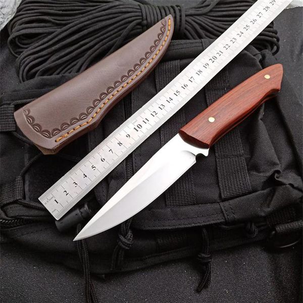 1 Pz New Survival Staight Coltello da caccia 7Cr17 Satin Drop Point Blade Full Tang Manico in legno Coltelli a lama fissa con fodero in pelle291a