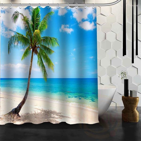 Tende da doccia Nice Custom Ocean Beach Huts Palm Trees Curtain Bath Tessuto impermeabile per bagno MORE SIZE WJY # 39