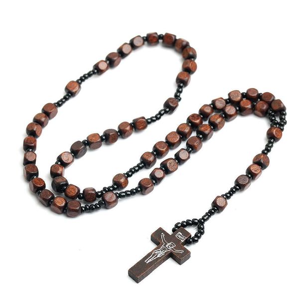 Розарийное ожерелье натуральные деревянные бусинки Крест Католический кулон Религиозные христианские молитвенные украшения