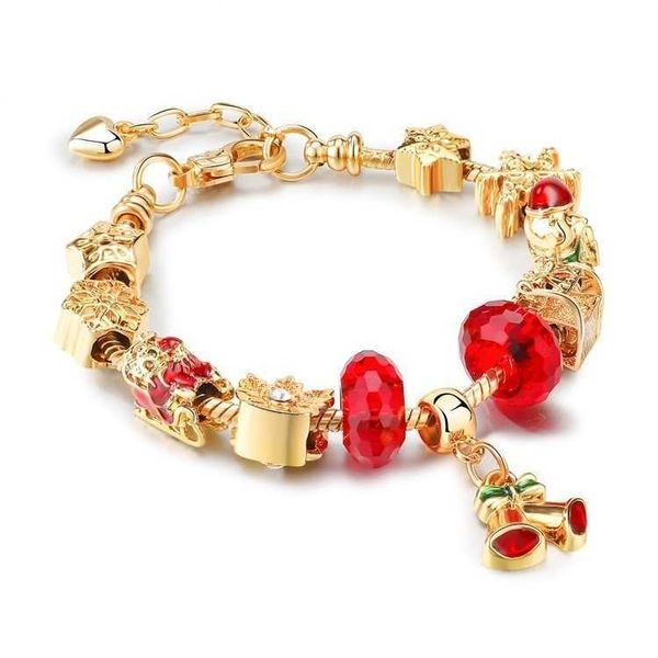 Bracelets de charme por atacado de jóias feitas à mão estilo europeu de estilo de ouro grande hole hole de ouro para mulheres pingente de sino pingente vermelho Crystal 3d Snowflake