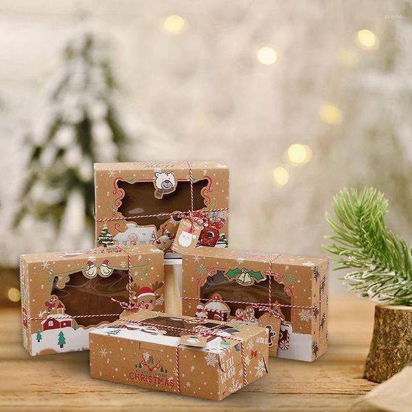 Confezione regalo Scatola di carta kraft natalizia per Natale Caramelle Torta Biscotti Confezione regali con pupazzo di neve Carta di Babbo Natale 4/8 / 12 pezzi