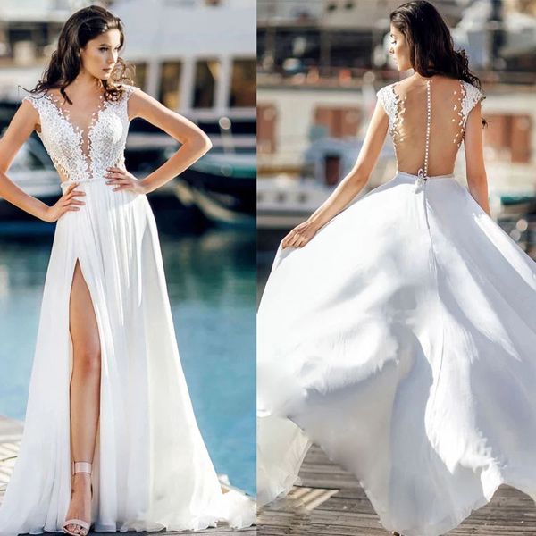 Illusion Sheer Boyasline gelinlik bölünmüş yan gelinlikler vestido de novia 2022 özel yapılmış