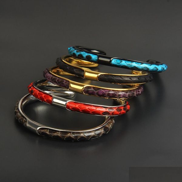 Bangle Novos homens e mulher Bulbões de manguito aberto atacado 5pcs/lote aço inoxidável Python Skin Leather Brangelet Best Bracelet Gift Dhm24