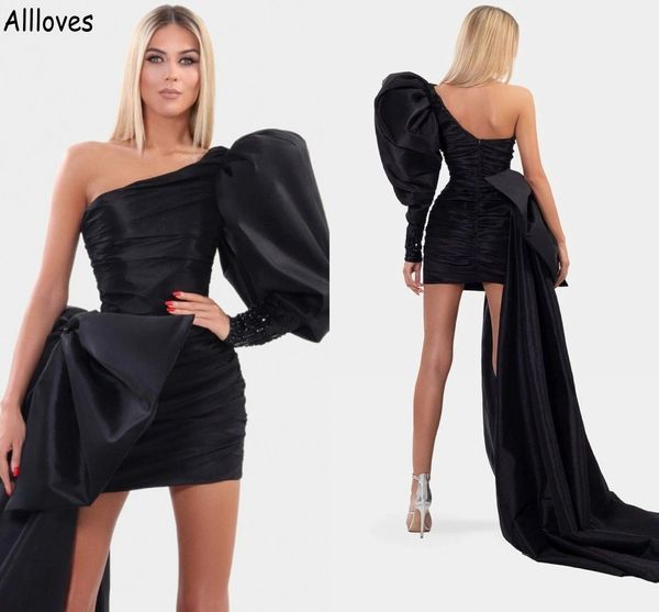 Sexy One-Shoulder-Mini-Partykleider in Schwarz, elegant, aus Satin, extra dick, langärmelig, formelle Abendkleider, große Schleife, Schößchen, kurze Cocktail-Club-Robe de Soiree CL14