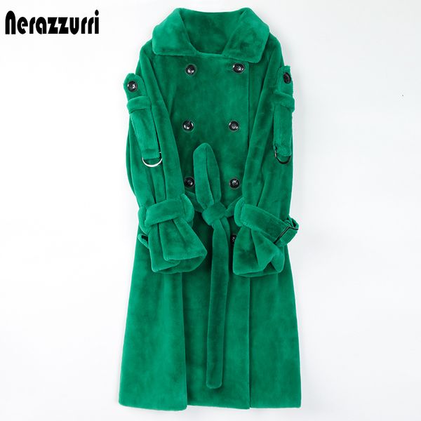 Pele feminina faux nerazzurri longo quente grosso macio fofo trench coat para mulheres duplo breasted rosa branco verde inverno moda cinto 221119