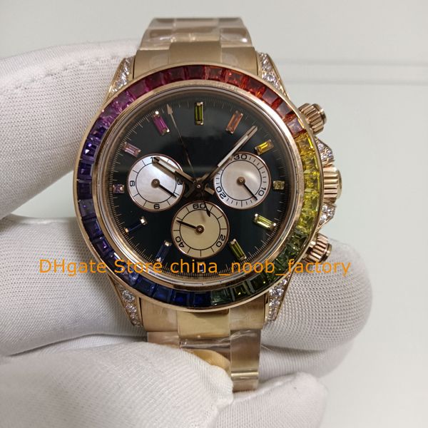 Mens Cronograph Watch 904l A￧o Men 40mm Sapphire Glass Black Dial Rainbow Auto Diamantes