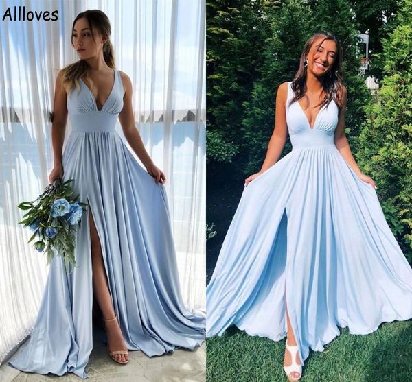 Hellhimmelblaues Chiffon-Brautjungfernkleid in A-Linie, lang, sexy, tiefer V-Ausschnitt, seitlich gespalten, für Sommer, Hochzeitsgäste, Partykleider, gerüscht, Übergröße, Abendkleid für Trauzeugin, CL1486