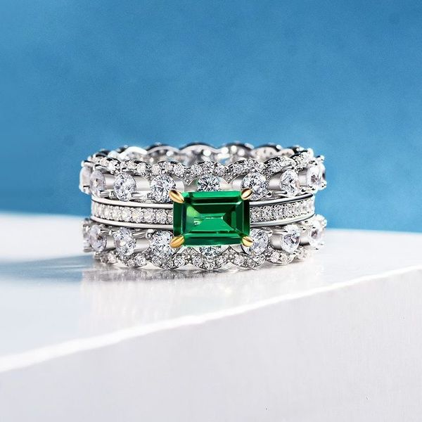 Anello Solitario Trend 925 Sterling Silver s Mano Ornamento Femminile Diamante Verde Incastonato Con Lussuosa Doppia Fila Geometrica Completa 1ct 221119