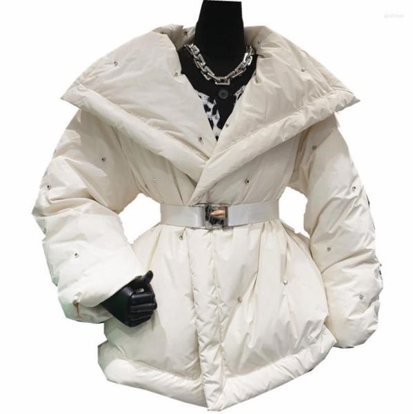 Mulheres para baixo 2022 Inverno estilo coreano com cinto de pato branco moda feminina grande lapela de lapela parka windies ladies casaco solto