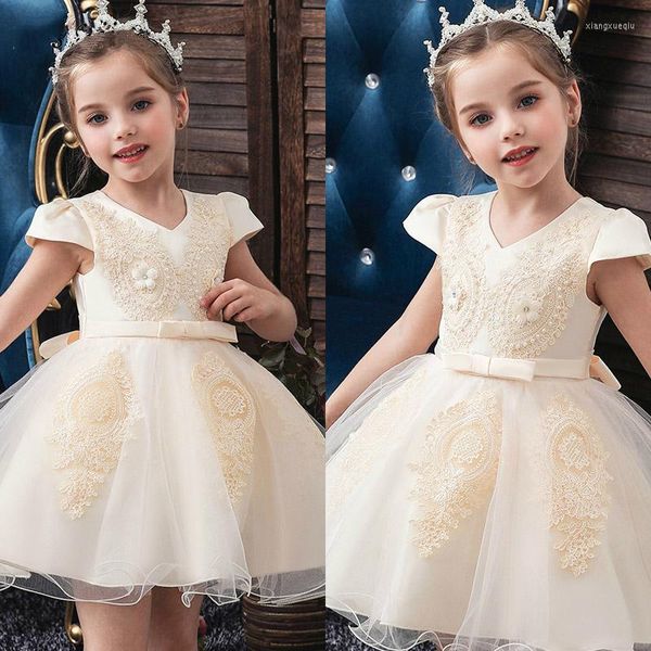 Kız Elbiseler Bebek Prenses Çiçek Dresse Zarif Baskı O boyun kız Pageant Apliques Kısa Tank Vestidos De Noches Para Ninas