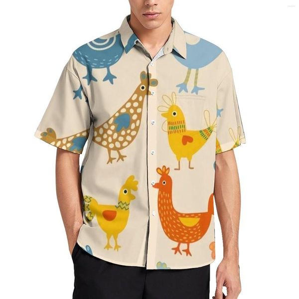 Camisas casuais masculinas coloridas galinhas de fazenda estampa de férias camisa de férias de manga curta blusas de tendência