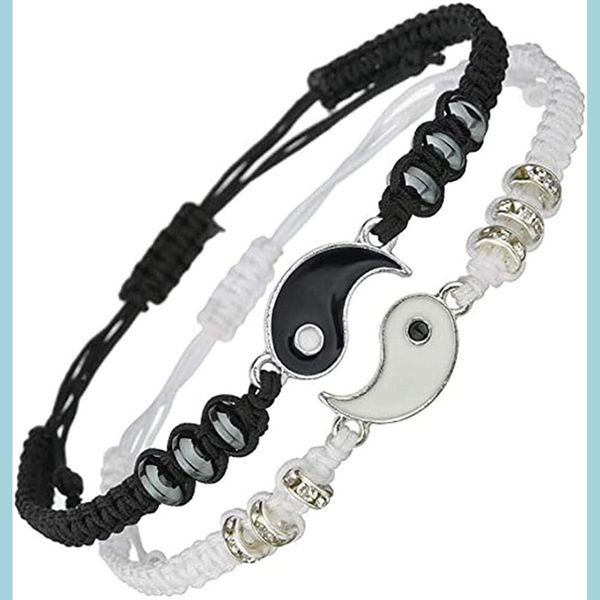 Cadeia 12Sets Yinyang Taiji Bracelete ajust￡vel Cadeia preta Branca Combina￧￣o tradicional de tecelagem chinesa Adequado para Dh6qs