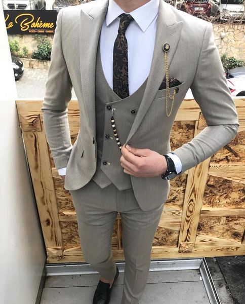 Mens Suits Blazers Elegant para Casamento Slim Fit 3 Peças Cinza Tuxedos Tuxedos Groom Pico de lapela