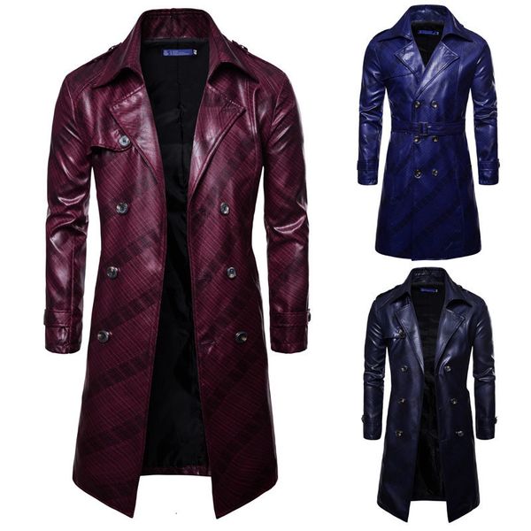 Giacche da uomo Uomo Lungo Trench Coat Moda Slim Fit PU Pelle Lungo Soprabito Doppio Petto Autunno Inverno Cappotto Maschile Britannico Trench 221121