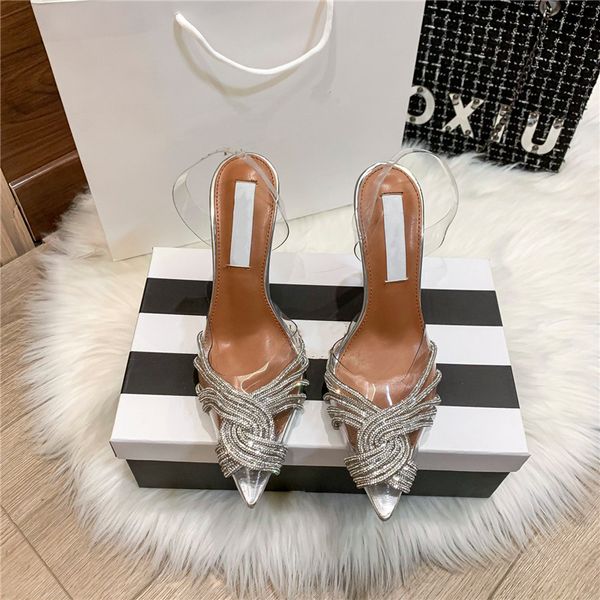 Scarpe eleganti Designer Donna Sandali vuoti con trapano in cristallo Pellicola trasparente in PVC Tacchi alti in vera pelle