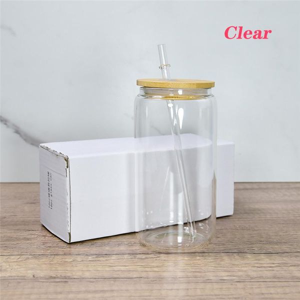 50 peças/caixa 16oz canecas de vidro de sublimação podem dar forma a suco frascos de refrigerante garrafas copos foscos transparentes com tampa de bambu